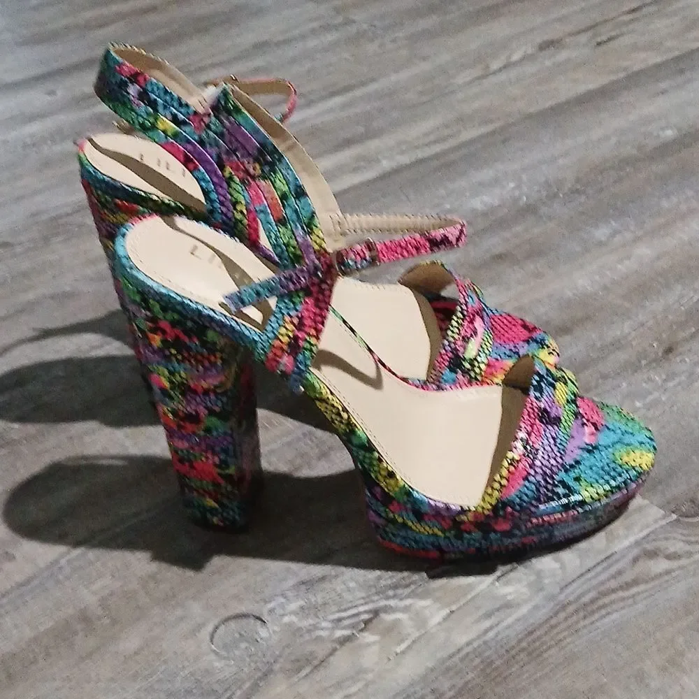 Liliana multicolor rainbow block heeled strappy shoes Sz 10 EUC